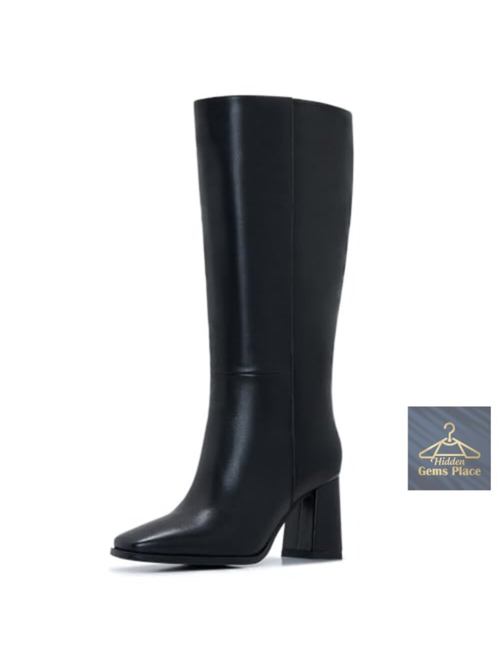 Women's Knee High Boots with Zipper, Square Toe Chunky Heel Faux Leather Tall
